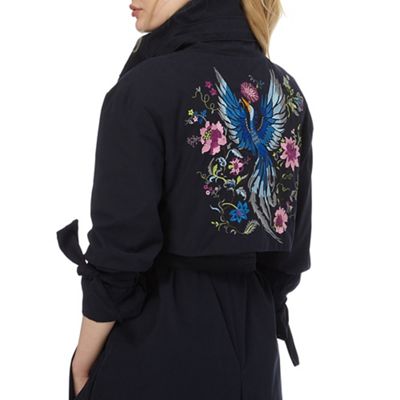 Navy embroidered detail trench coat